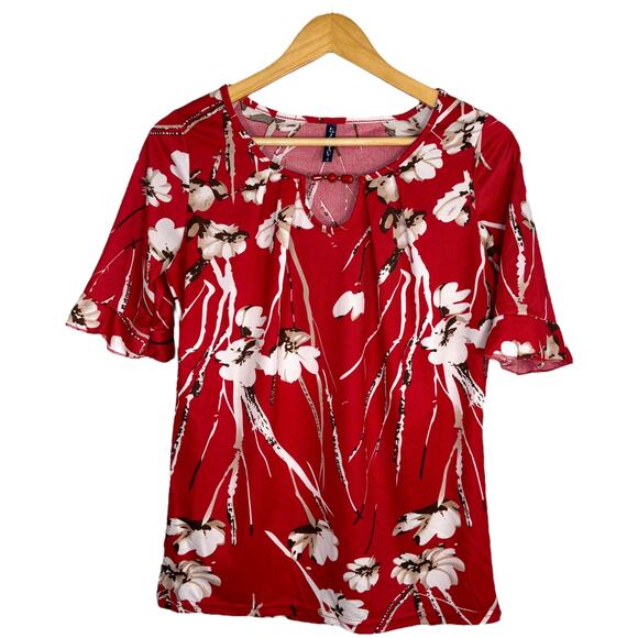 Red floral ruffle blouse w/ beads – Emily Stassy S - Picture 1 of 3